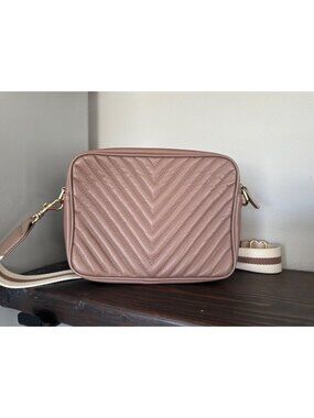 Quince Italian Leather Quilted Crossbody Bag in Dark Taupe Cotton Webbing Strap